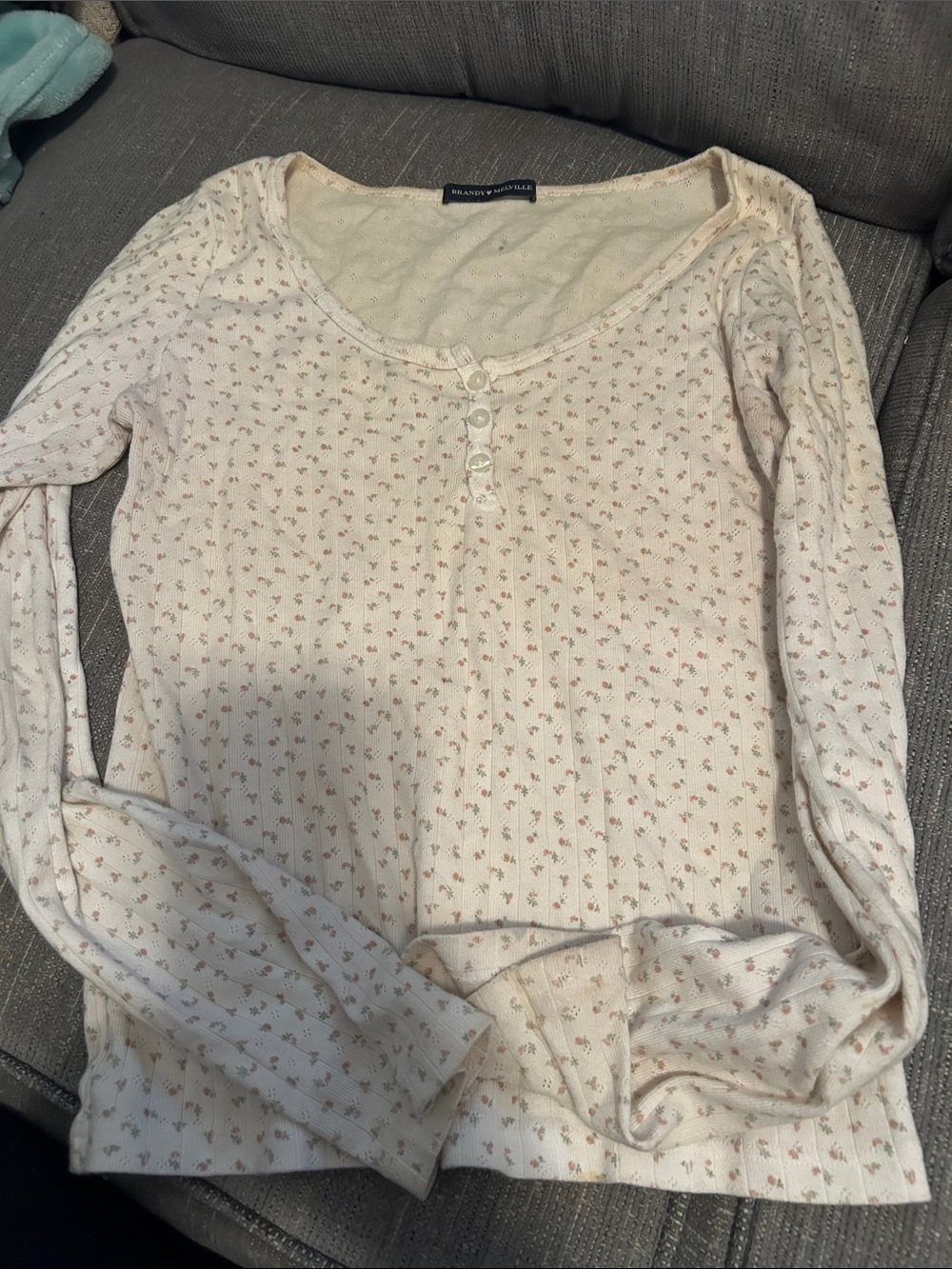 Brandy Melville Cream Long-Sleeve Henley with Pink Floral Print